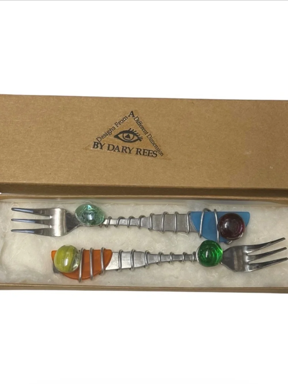 Vintage Dary Rees Glass & Wire Wrapped Dessert / Appetizer Forks Set of 2 NIB